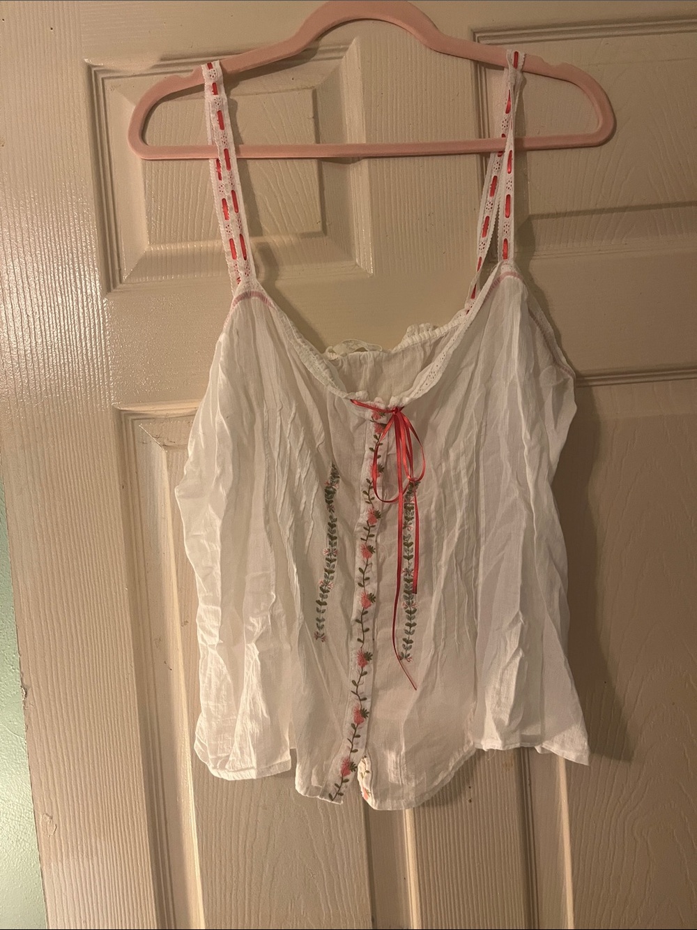 Anthropologie White Eyelet Cami with Pink Ribbon Detail